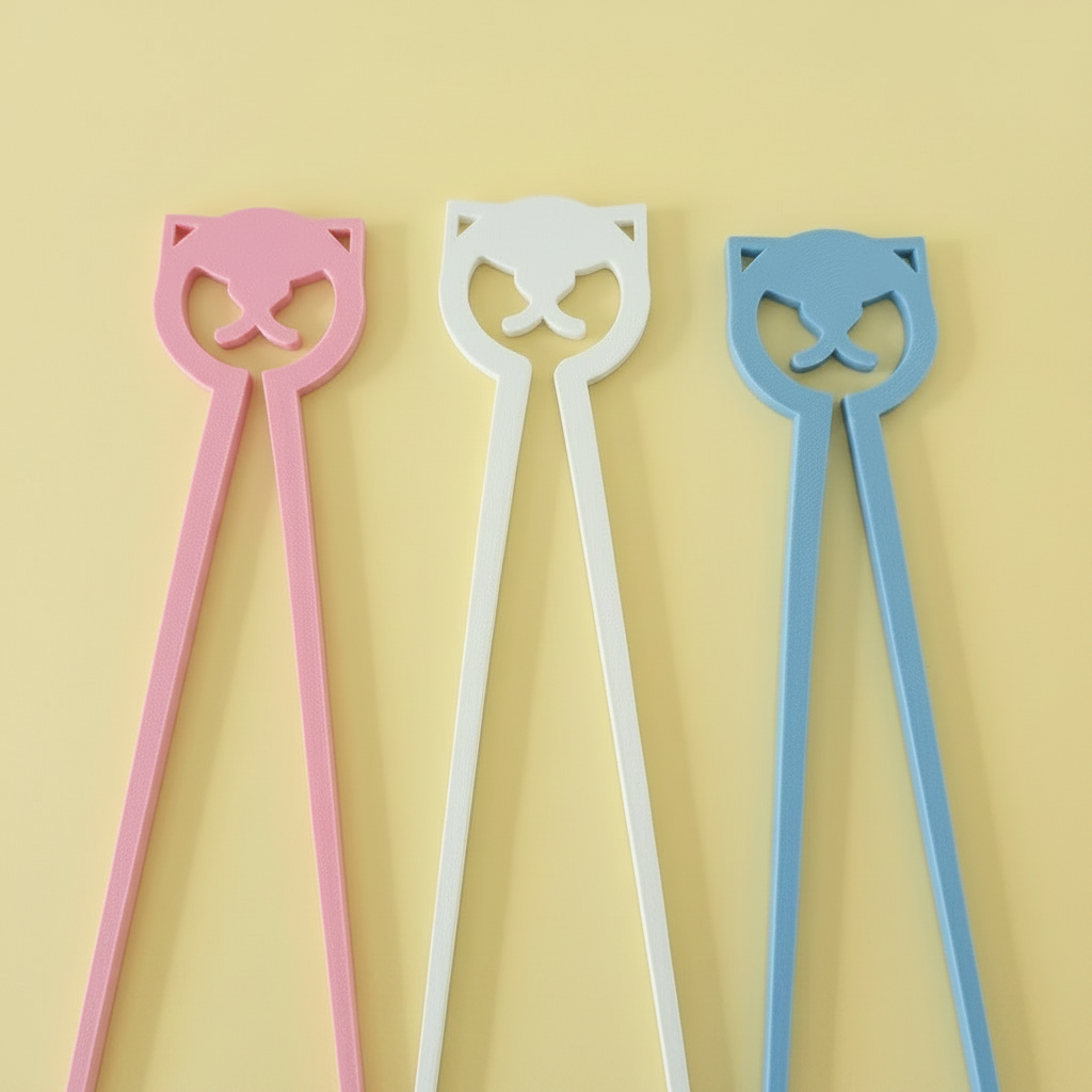 Close-up of the three pastel cat chopsticks