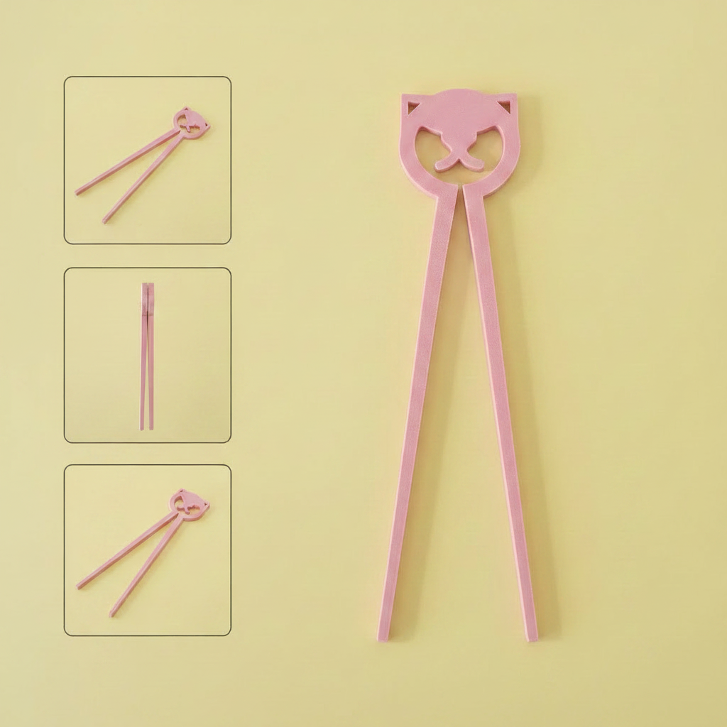 Pastel pink cat training chopsticks with detail views