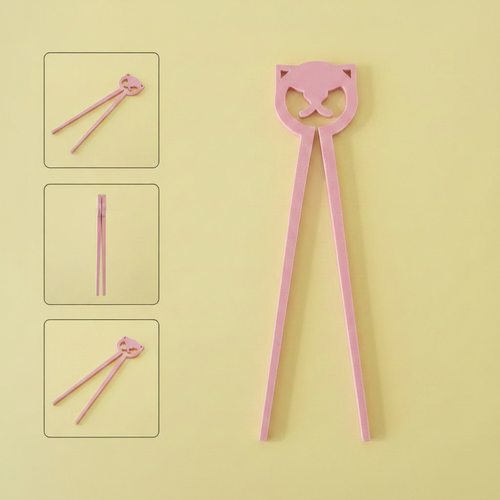 Pastel pink cat training chopsticks with detail views